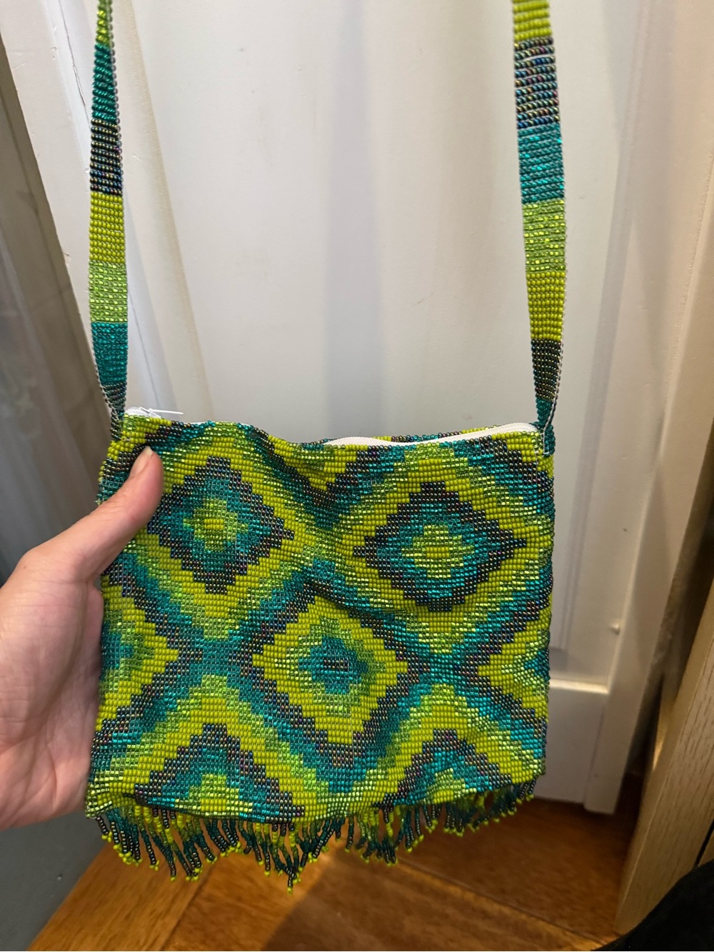 Beaded Crossbody Bag in Lime Green and Blue Teal